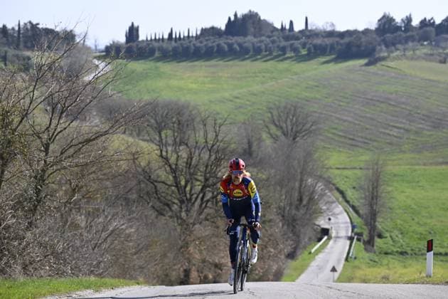 US Quinn Simmons of Lidl-Trek pictured during preparations for tomorrow s Strade Bianche one day cycling race from and to Siena, Italy, Friday 07 March 2025. DIRKxWAEM  x114430673x
