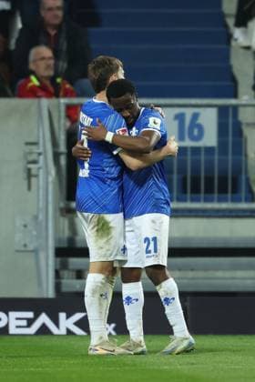 2025.03.07 xJFx 2.Bundesliga SV Darmstadt 98 - Karlsruher SC v.l., Kilian Julian Corredor (SV Darmstadt 98), Matondo-Merveille Papela (SV Darmstadt 98) Torjubel, Goal celebration, celebrate the goal (DFL DFB REGULATIONS PROHIBIT ANY USE OF PHOTOGRAPHS as IMAGE SEQUENCES and or QUASI-VIDEO) Copyright: JoaquimxFerreira