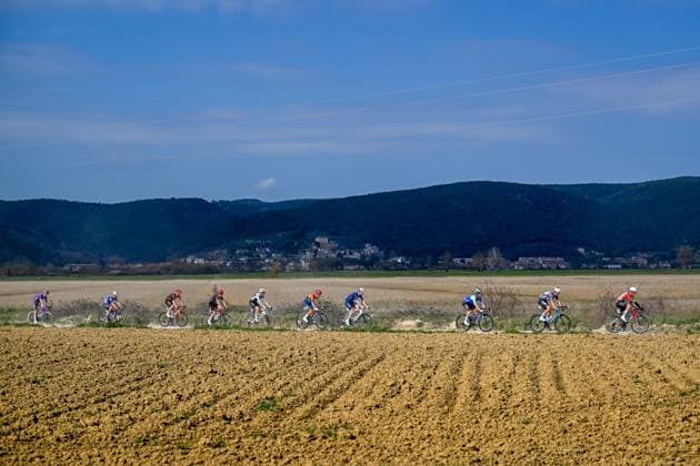The breakaway group pictured during the men elite Strade Bianche one day cycling race, 213km from and to Siena, Italy on Saturday 08 March 2025. DIRKxWAEM  x114492066x