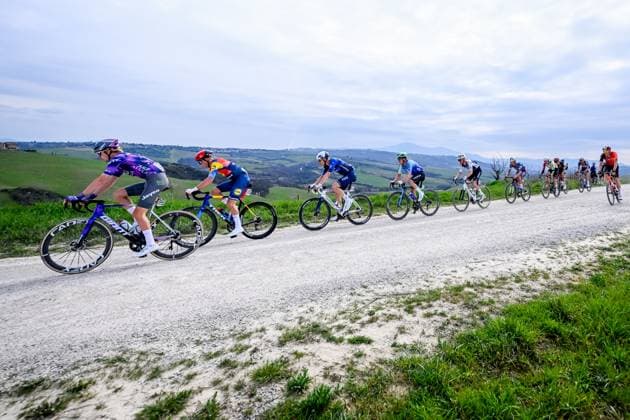 The breakaway group pictured during the men elite Strade Bianche one day cycling race, 213km from and to Siena, Italy on Saturday 08 March 2025. DIRKxWAEM  x114494127x
