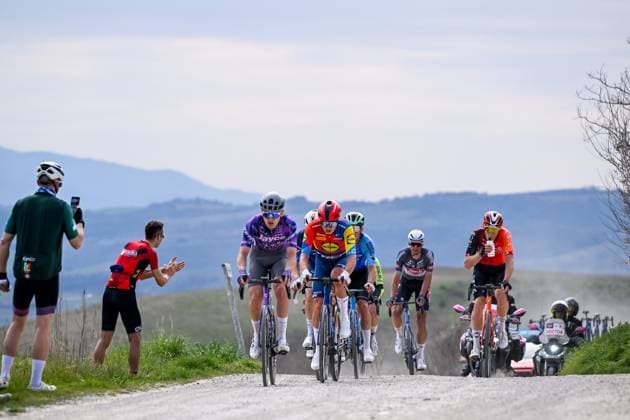 The breakaway group pictured during the men elite Strade Bianche one day cycling race, 213km from and to Siena, Italy on Saturday 08 March 2025. DIRKxWAEM  x114494131x