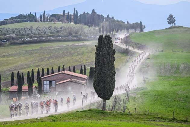 The pack of riders pictured in action during the men elite Strade Bianche one day cycling race, 213km from and to Siena, Italy on Saturday 08 March 2025. DIRKxWAEM  x114495396x