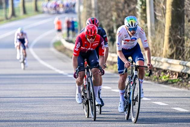 GP Criquielion 2025 LESSINES, BELGIUM - MARCH 08 : Taminiaux Lionel (BEL) of Lotto Cycling Team, Marcerou Nicola (FRA) of TotalEnergies in the escape pack pictured during the 2025 GP Criquielion cycling race with start in Ath and finish in Lessines after 200 km on March 8, 2025 in Lessines, Belgium, 08 03 2025 Lessines Belgium  Copyright: xJanxDexMeuleneirx