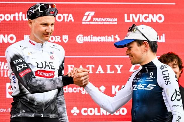 Belgian Tim Wellens of UAE Team Emirates and British Thomas Pidcock of Q36.5 Pro Cycling Team pictured on the podium after the men elite Strade Bianche one day cycling race, 213km from and to Siena, Italy on Saturday 08 March 2025. DIRKxWAEM  x114506658x