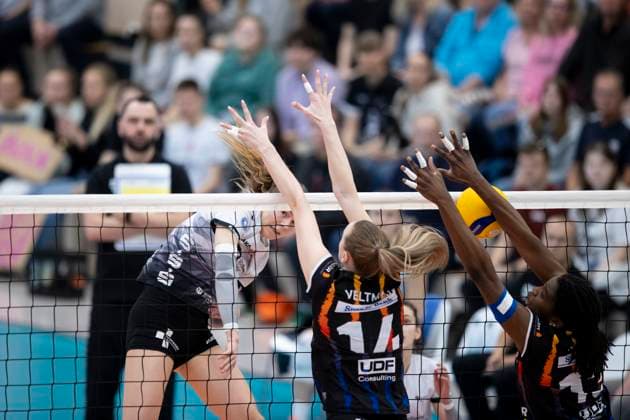 Sport Bilder des Tages 1. Volleyball Bundesliga Frauen: Schwarz-Weiss Erfurt vs. Allianz MTV Stuttgart; Erfurt; 08.03.2025 Elizabeth Sandbothe ( 2; Schwarz-Weiss Erfurt) gegen Kelsey Veltman ( 14; Allianz MTV Stuttgart) (links) und Krystal Rivers ( 13; Allianz MTV Stuttgart) (rechts) 1. Volleyball Bundesliga Frauen: Schwarz-Weiss Erfurt vs. Allianz MTV Stuttgart; Riethsporthalle Erfurt; 08.03.2025 Copyright: xBEAUTIFULxSPORTS Duehringx