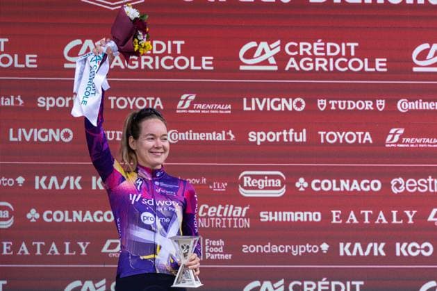 Strade Bianche 2025 - Women Elite Finish And Podium Anna Van der Breggen stands in second place on the podium at the Strade Bianche Women Elite 2025, in Siena, Italy, on march 08, 2025. Siena Italy  Copyright: xTommasoxBerardix originalFilename:berardi-stradebi250308_npbeQ.jpg