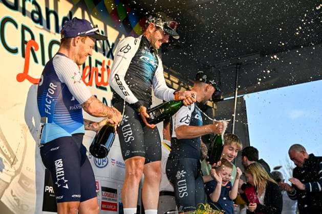 GP Criquielion 2025 LESSINES, BELGIUM - MARCH 08 : Moschetti Matteo (ITA) ITA of Q36.5 Pro Cycling Team, Nizzolo Giacomo (ITA) ITA of Q36.5 Pro Cycling Team, Hofstetter Hugo (SUI) of Israel - Premier Tech on the podium pictured during the 2025 GP Criquielion cycling race with start in Ath and finish in Lessines after 200 km on March 8, 2025 in Lessines, Belgium, 08 03 2025 Lessines Belgium  Copyright: xJanxDexMeuleneirx