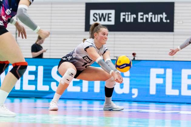 1. Volleyball Bundesliga Frauen: Schwarz-Weiss Erfurt vs. Allianz MTV Stuttgart; Erfurt; 08.03.2025 Pia Mohr ( 10; Schwarz-Weiss Erfurt) 1. Volleyball Bundesliga Frauen: Schwarz-Weiss Erfurt vs. Allianz MTV Stuttgart; Riethsporthalle Erfurt; 08.03.2025 Copyright: xBEAUTIFULxSPORTS Duehringx