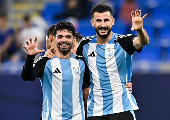 Al-Wakrah SC v Qatar SC -Ooredoo Qatar Stars League Ayman Hussein Ghadban (R) of Al-Wakrah SC celebrates after scoring the goal during the Ooredoo Qatar Stars League match between Al-Wakrah SC and Qatar SC at Stadium 974 in Doha, Qatar, on March 8, 2025. DOHA Qatar Copyright: xNOUSHADx