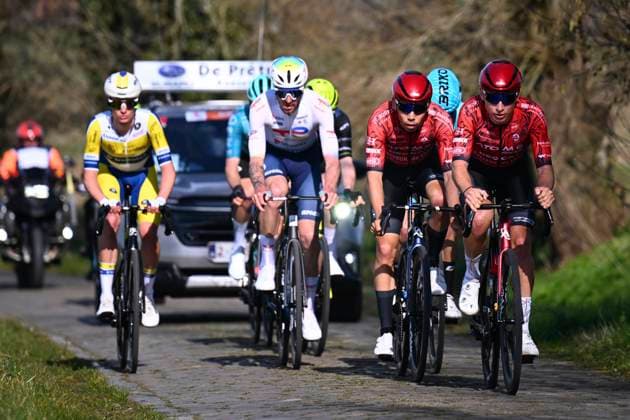 Grand Prix Jean-Pierre Monsere 2025 cycling race ROESELARE, BELGIUM - MARCH 09 : Vercouillie Victor (BEL) of Team Flanders - Baloise, Brunel Alexys (FRA) of Team TotalEnergies, Doyle Leo (IRL) of Atom 6 Bikes - Decca Continental Team,Zabelinskiy Bogdan (CYP) of Atom 6 Bikes - Decca Continental Team during the Men Elite UCI 1.1 Europe Tour 13th Lotto Begium Cup Grand Prix Jean-Pierre Monsere cycling race of 201,6 kms with start in Ichtegem and finish in Roeselare on March 09, 2025 in Roeselare, Belgium, 09 03 2025 ( Motordriver Guy De Vuyst & Roeselare Belgium  Copyright: xTomasxSiskx