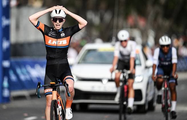 (250309) -- CAPE TOWN, March 9, 2025 -- Germany s Pia Grunewald, winner of the women s U23 78km, crosses the finish line during the 2025 Cape Town Cycle Tour in Cape Town, South Africa, March 9, 2025. (Photo by Xinhua) (SP)SOUTH AFRICA-CAPE TOWN-CYCLING-CAPE TOWN CYCLE TOUR XabisoxMkhabela 