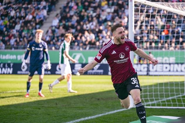 09.03.2025, Fussball, 2. Bundesliga, 25. Spieltag Saison 2024 2025, Preußen Münster - 1.FC Nürnberg, Lukas Schleimer (1. FC Nürnberg) freut sich über das Tor zum 0:1, xRHR-FOTO TKx