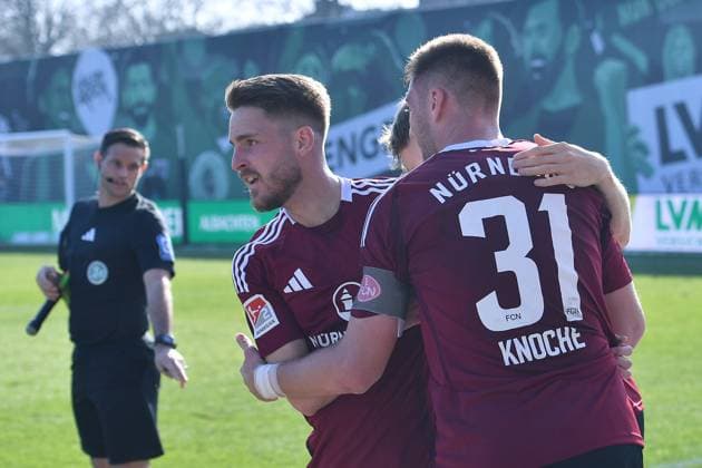 Fußball 2. Bundesliga 25. Spieltag SC Preußen Münster - 1. FC Nürnberg am 09.03.2025 im Preußenstadion in Münster Torjubel zum 0:1 durch Lukas Schleimer ( Nürnberg ) DFL regulations prohibit any use of photographs as image sequences and or quasi-video.