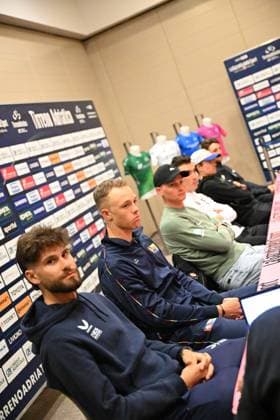 Radsport, Tirreno - Adriatico, Pressekonferenz 09-03-2025 Conferenza Stampa Vigilia Tirreno - Adriatico 2025; 2025, Q36.5; 2025, Alpecin - Deceuninck; 2025, Uae Team Emirates - Xrg; 2025, Red Bull - Bora Hansgrohe; 2025, Lidl - Trek; 2025, Ineos Grenadiers; Pidcock, Thomas; Van Der Poel, Mathieu; Ayuso Pesquera, Juan; Hindley, Jai; Milan, Jonathan; Ganna, Filippo; Lido Di Camaiore Hotel Una; 