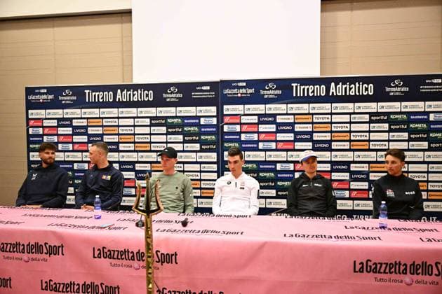 Radsport, Tirreno - Adriatico, Pressekonferenz 09-03-2025 Conferenza Stampa Vigilia Tirreno - Adriatico 2025; 2025, Q36.5; 2025, Alpecin - Deceuninck; 2025, Uae Team Emirates - Xrg; 2025, Red Bull - Bora Hansgrohe; 2025, Lidl - Trek; 2025, Ineos Grenadiers; Pidcock, Thomas; Van Der Poel, Mathieu; Ayuso Pesquera, Juan; Hindley, Jai; Milan, Jonathan; Ganna, Filippo; Lido Di Camaiore Hotel Una; 