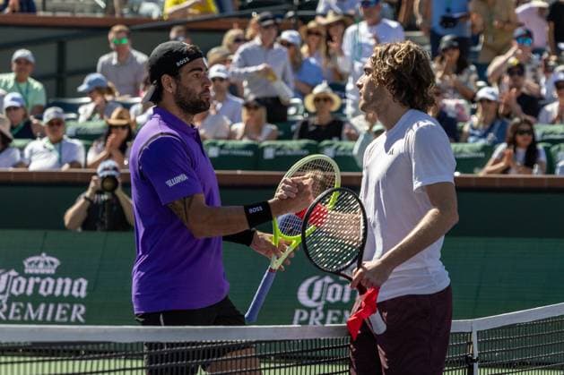March 9, 2025: Stefano Tsitsipas of Greece and Matteo Berrettini of Italy shake hands after their round 3 match during the BNP Paribas Open at Indian Wells Tennis Garden on March 09, 2025 in Indian Wells, California. Indian Wells USA - ZUMAc04_ 20250309_zma_c04_019 Copyright: xMalxTaamx