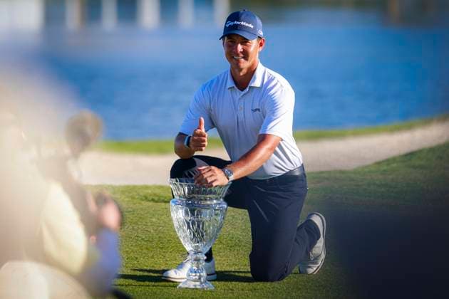 Puerto Rico Open 2025 - Final Round Karl Vilips of Australia poses with the winner s trophy after winning the Puerto Rico Open 2025 at Grand Reserve Golf Club on March 09, 2025 in Rio Grande, Puerto Rico. San Juan Puerto Rico  Copyright: xEdgardoxMedinax originalFilename:medinamillan-notitle250309_np4w2.jpg