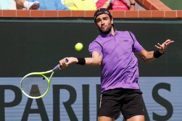 March 9, 2025: Matteo Berrettini of Italy hits a shot against Stefano Tsitsipas of Greece in their round 3 match during the BNP Paribas Open at Indian Wells Tennis Garden on March 09, 2025 in Indian Wells, California. Indian Wells USA - ZUMAc04_ 20250309_zma_c04_031 Copyright: xMalxTaamx