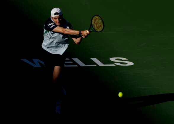 March 09, 2025 Ugo Humbert (FRA) returns a shot against Holger Rune (DEN) during the 2025 BNP Paribas Open at Indian Wells Tennis Garden in Indian Wells, California. Mandatory Photo Credit: CSM Indian Wells United States of America - ZUMAc04_ 20250309_zma_c04_220 Copyright: xCharlesxBausx