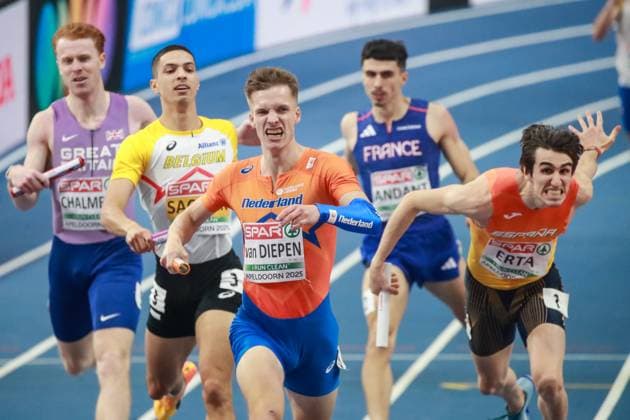 Sport Themen der Woche KW10 Sport Bilder des Tages Apeldoorn, Netherlands, March 9th 2025: Tony van Diepen (NED) celebrates winning the Men 4x400m Relay Final during the European Athletics Indoor Championships Apeldoorn 2025 at Omnisport Stadium in Apeldoorn, Netherlands. (Leiting Gao SPP)  Copyright: xLeitingxGaox xSPPx spp-en-LeGaSp-LG202503092573