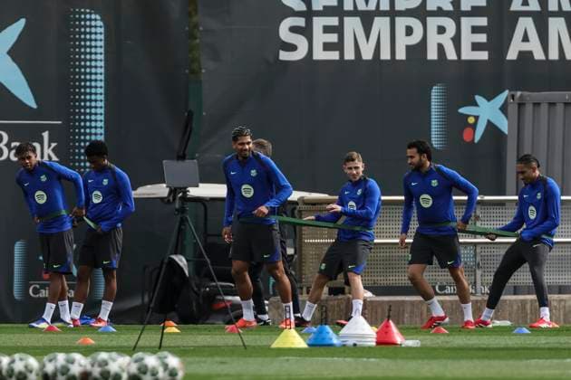 March 10, 2025, Sant Joan Despi, Barcelona, SPAIN: Ronald Araujo and Fermin Lopez during the training day of FC Barcelona, Barca ahead UEFA Champions League, football match against SL Benfica at Ciudad Esportiva Joan Gamper on March 10, 2025 in Sant Joan Despi, Barcelona, Spain. Sant Joan Despi SPAIN - ZUMAa181 20250310_zaa_a181_006 Copyright: xJavierxBorregox