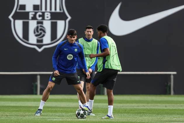 March 10, 2025, Sant Joan Despi, Barcelona, SPAIN: Gerard Martin and Lamine Yamal during the training day of FC Barcelona, Barca ahead UEFA Champions League, football match against SL Benfica at Ciudad Esportiva Joan Gamper on March 10, 2025 in Sant Joan Despi, Barcelona, Spain. Sant Joan Despi SPAIN - ZUMAa181 20250310_zaa_a181_024 Copyright: xJavierxBorregox
