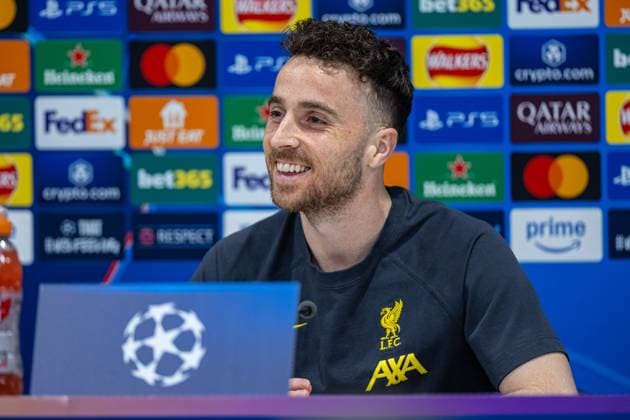 Football - UEFA Champions League - Round of 16 2nd Leg - Liverpool FC v Paris Saint-Germain - MD-1 LIVERPOOL, ENGLAND - Monday, March 10, 2025: Liverpool s Diogo Jota during a press conference, PK, Pressekonferenz at Anfield ahead of the UEFA Champions League Round of 16 2nd Leg match between Liverpool FC and Paris Saint-Germain. (Photo by David Rawcliffe Propaganda) LIVERPOOL Anfield MERSEYSIDE ENGLAND  Copyright: xDavidxRawcliffex P2025-03-10-Liverpool_PSG_MD-1-76