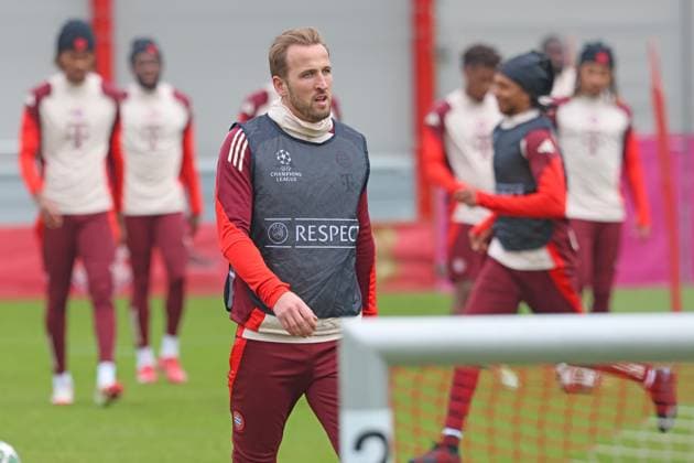 9 Harry Kane, Kollegen, Mannschaft, Mitspieler, Tor, Torjäger, Portraet, Portrait, Fussball Abschlusstraining - FC Bayern München vor UEFA Champions League-Spiel vs. Bayer 04 Leverkusen Achtelfinal-Rückspiel der KO-Phase der diesjährigen UEFA Champions League-Saison Anstoß im Stadion BayArena in Leverkusen ist um 21.00 Uhr MEZ. Amazon Prime Video überträgt das Spiel in Deutschland live 10.03.2025 Trainingsgelände, Säbenerstr. FOTO: Mladen Lackovic LakoPress