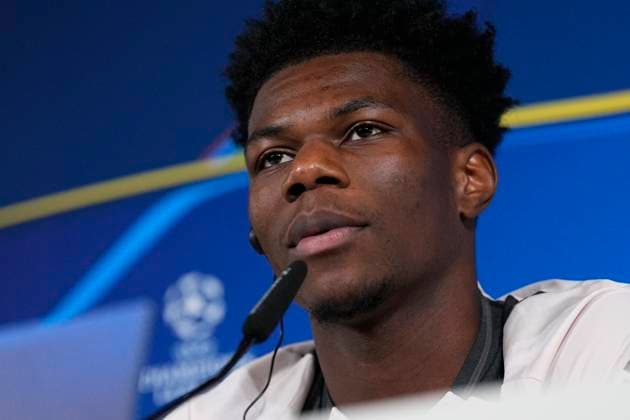 Sport Themen der Woche KW11 Sport Bilder des Tages March 11, 2025, Valdebebas, Madrid, SPAIN: Aurelien Tchouameni attends his press conference, PK, Pressekonferenz during the training day of Real Madrid ahead the UEFA Champions League, Round of 16 second round, football match against Atletico de Madrid at Ciudad Deportiva Real Madrid on March11, 2025, in Valdebebas, Madrid, Spain. Valdebebas SPAIN - ZUMAa181 20250311_zaa_a181_005 Copyright: xOscarxJ.xBarrosox