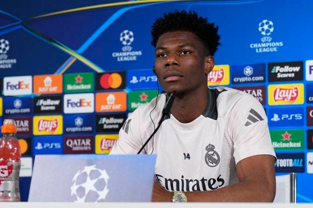 March 11, 2025, Valdebebas, Madrid, SPAIN: Aurelien Tchouameni attends his press conference, PK, Pressekonferenz during the training day of Real Madrid ahead the UEFA Champions League, Round of 16 second round, football match against Atletico de Madrid at Ciudad Deportiva Real Madrid on March11, 2025, in Valdebebas, Madrid, Spain. Valdebebas SPAIN - ZUMAa181 20250311_zaa_a181_007 Copyright: xOscarxJ.xBarrosox