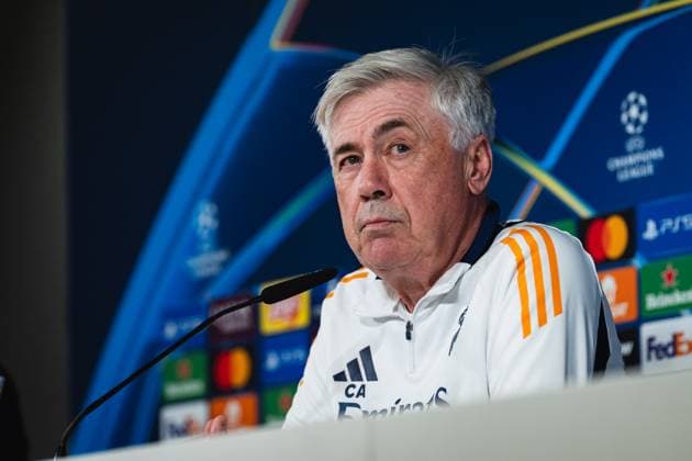 UEFA Champions League 2024 25 Round of 16 Second Leg: Real Madrid CF Training Session and press conference, PK, Pressekonferenz Carlo Ancelotti, head coach of Real Madrid CF, speaks during the press conference during the UEFA Champions League 2024 25 League Round of 16 Second Leg Training Session And Press Conference at Ciudad Real Madrid on March 03, 2025 in Madrid, Spain. Valdebebas Ciudad Real Madrid Madrid Spain Copyright: xAlbertoxGardinx AGardin_20250311_Football_Champions_Real_PC_18