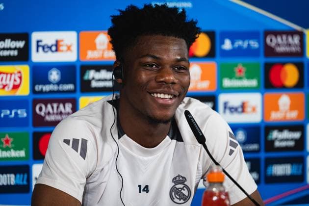 UEFA Champions League 2024 25 Round of 16 Second Leg: Real Madrid CF Training Session and press conference, PK, Pressekonferenz Aurelien Tchouameni of Real Madrid CF speaks during the press conference during UEFA Champions League 2024 25 League Round of 16 Second Leg Training Session And Press Conference at Ciudad Real Madrid on March 03, 2025 in Madrid, Spain. Valdebebas Ciudad Real Madrid Madrid Spain Copyright: xAlbertoxGardinx AGardin_20250311_Football_Champions_Real_PC_6
