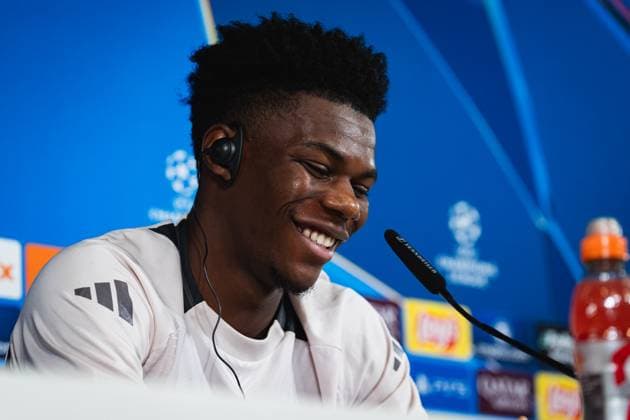 UEFA Champions League 2024 25 Round of 16 Second Leg: Real Madrid CF Training Session and press conference, PK, Pressekonferenz Aurelien Tchouameni of Real Madrid CF speaks during the press conference during UEFA Champions League 2024 25 League Round of 16 Second Leg Training Session And Press Conference at Ciudad Real Madrid on March 03, 2025 in Madrid, Spain. Valdebebas Ciudad Real Madrid Madrid Spain Copyright: xAlbertoxGardinx AGardin_20250311_Football_Champions_Real_PC_9