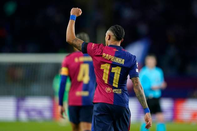 ESP: FC Barcelona, Barca - Benfica. UEFA Champions League match. Round of 16 aphael Dias Belloli Raphinha of FC Barcelona celebrates the 1-0 during the UEFA Champions League match, Round of 16, between FC Barcelona and Benfica played at Lluis Companys Stadium on March 11 2025 in Barcelona Spain. kpng Copyright: xSergioxRuizx xImagox PS_250311_BAR_BEN_005