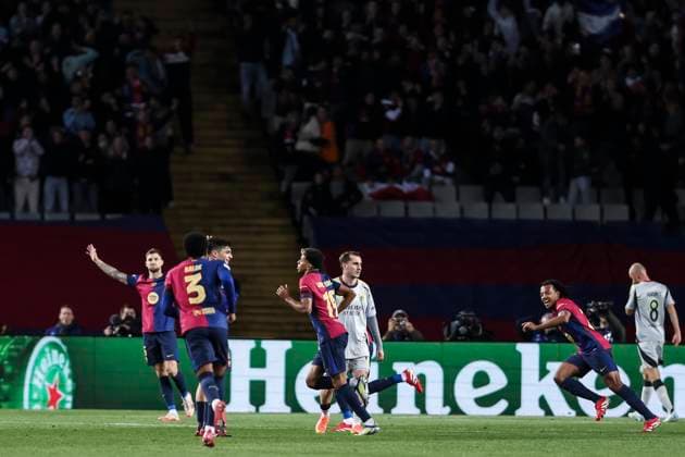 March 11, 2025, Barcelona, Barcelona, SPAIN: Lamine Yamal of FC Barcelona, Barca celebrates a goal during the UEFA Champions League 2024 25 Round of 16 second leg, match between FC Barcelona and SL Benfica at Estadi Olimpic Lluis Companys on March 11, 2025 in Barcelona, Spain. Barcelona SPAIN - ZUMAa181 20250311_zaa_a181_099 Copyright: xJavierxBorregox