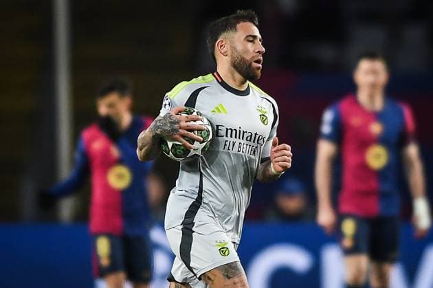 March 11, 2025, Barcelona, Spain, Spain: Nicolas OTAMENDI of Benfica celebrates his goal during the UEFA Champions League match between FC Barcelona, Barca and SL Benfica at Estadi Olimpic Lluis Companys on March 11, 2025 in Barcelona, Spain. Barcelona Spain - ZUMAm308 20250311_zsp_m308_006 Copyright: xMatthieuxMirvillex