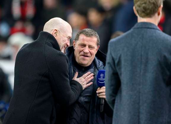v.l. Matthias SAMMER, TV Experte, Max EBERL (M, Sportvorstand) Fussball Champions League, 1 8 Finale Rueckspiel, Bayer 04 Leverkusen (LEV) - FC Bayern Muenchen (M), am 11.03.2025 in Leverkusen Deutschland. UEFA regulations prohibit any use of photographs as image sequences and or quasi-video Â