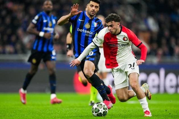 UEFA Champions League: FC Internationale Milan v Feyenoord Milan - Mehdi Taremi of FC Inter Milan, Aymen Sliti of Feyenoord during the 2nd leg of the round of 16 of new format of the Champions League 2024 2025. The match is set between FC Internationale Milan and Feyenoord at Giuseppe Meazza San Siro on 11 March 2025 in Milan, Italy. Copyright: xTomxBodex