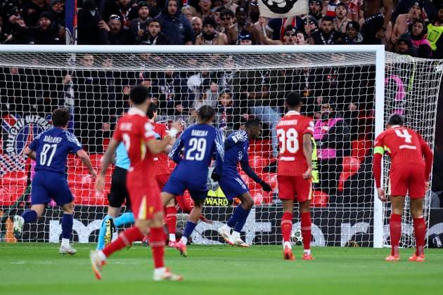 Liverpool FC v Paris Saint-Germain - UEFA Champions League 2024 25 Round of 16 Second Leg Ousmane Demble of Paris Saint-Germain scores 1st goal during the UEFA Champions League 2024 25 UEFA Champions League 2024 25 Round of 16 Second Leg match between Liverpool FC and Paris Saint-Germain at Anfield on March 11, 2025 in Liverpool, England. Liverpool Anfield England United Kingdom Copyright: xedxSykes Sportsphoto APLx 14060871