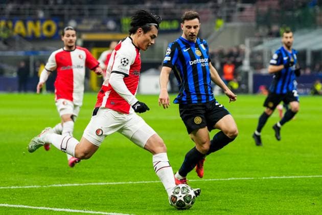 UEFA Champions League: FC Internationale Milan v Feyenoord Milan - Ayase Ueda of Feyenoord during the 2nd leg of the round of 16 of new format of the Champions League 2024 2025. The match is set between FC Internationale Milan and Feyenoord at Giuseppe Meazza San Siro on 11 March 2025 in Milan, Italy. Copyright: xYannickxVerhoevenx