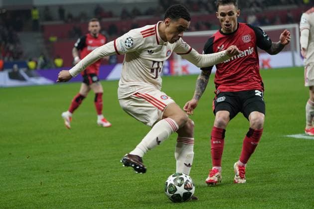 Fussball, UEFA Champions League 2024 2025, Achtelfinale Runde 2 von 2 Bayer 04 Leverkusen - FC Bayern München 11.03.2025 Bayarena, Leverkusen, Jamal Musiala FC Bayern München, Aktion, Einzelbild,