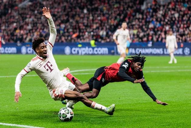 UEFA Champions League, Bayer 04 Leverkusen - FC Bayern München; 11.03.2025 Zweikampf Kingsley Coman (FC Bayern München, 11), Jeremie Frimpong (Bayer 04 Leverkusen, 30) UEFA Champions League Achtelfinale Rückspiel, Bayer 04 Leverkusen - FC Bayern München; Leverkusen, BayArena am 11.03.2025 Copyright: xBEAUTIFULxSPORTS Wunderlx