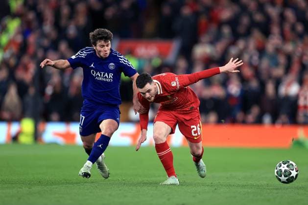 Football - UEFA Champions League - Round of 16 (2nd Leg) - Liverpool v Paris Saint-Germain 11th March 2025 - UEFA Champions League - Round of 16 (2nd Leg) - Liverpool v Paris Saint-Germain - Joao Neves of Paris Saint-Germain and Andrew Robertson of Liverpool - Photo: Simon Stacpoole Offside. Liverpool UK Copyright: xSimonxStacpoolexOffside