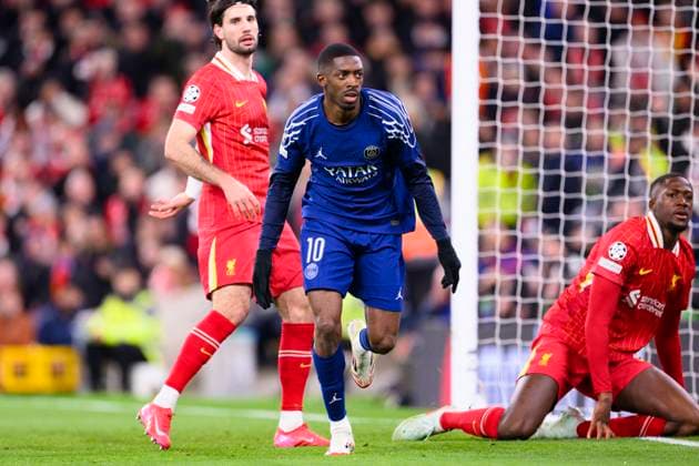 Liverpool FC v Paris Saint-Germain - UEFA Champions League 2024 25 Round of 16 Second Leg LIVERPOOL, ENGLAND - MARCH 11: Ousmane Dembele of Paris Saint Germain celebrates his goal during the UEFA Champions League 2024 25 Round of 16 Second Leg match between Liverpool FC and Paris Saint-Germain at Anfield on March 11, 2025 in Liverpool, England. LiverpoolUnited Kingdom  Copyright: xRichardxCallisx