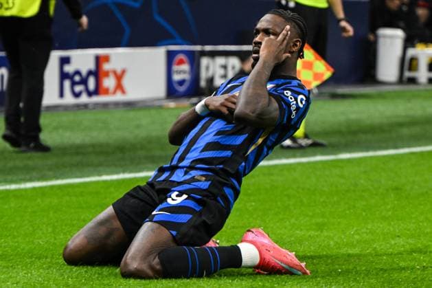Marcus Thuram of Fc Inter celebrating after a goal during the UEFA Champions League round of 16 second leg match between Inter FC Internazionale and Feyenoord Rotterdam, on 10 of March 2025, at Giuseppe Meazza San Siro Siro stadium in Milan, Italy  Copyright: xTizianoxBallabio IPAxSportx xipa-agency.netx xx IPA_55221633 IPA_Agency_IPA55221633