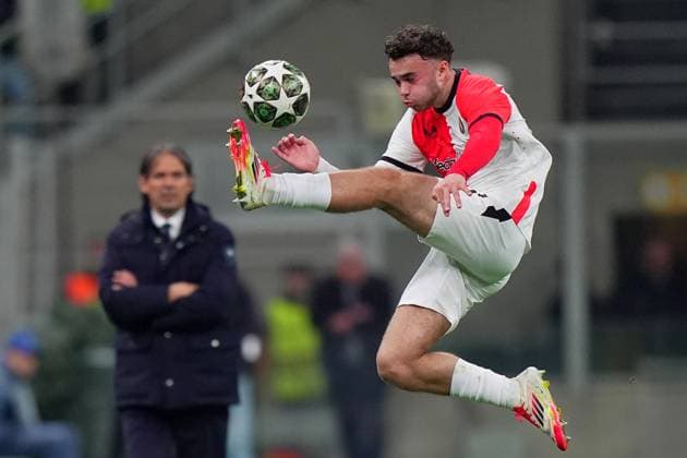 Feyenoord s Aymen Sliti during the Uefa Champions League soccer match between Inter and Feyenoord at the San Siro Stadium in Milan, north Italy - Tuesday , March 11 , 2025. - Soccer .  Copyright: xSpada LaPressex