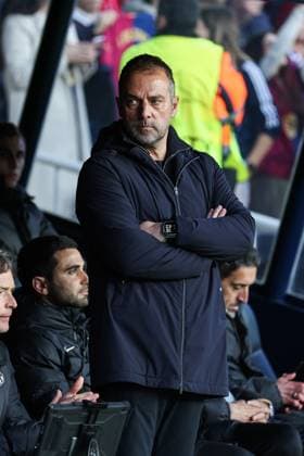 March 11, 2025, Barcelona, Barcelona, SPAIN: Hansi Flick, head coach of FC Barcelona, Barca looks on during the UEFA Champions League 2024 25 Round of 16 second leg, match between FC Barcelona and SL Benfica at Estadi Olimpic Lluis Companys March 11, 2025 in Barcelona, Spain. Barcelona SPAIN - ZUMAa181 20250311_zaa_a181_206 Copyright: xIrinaxR.Hx