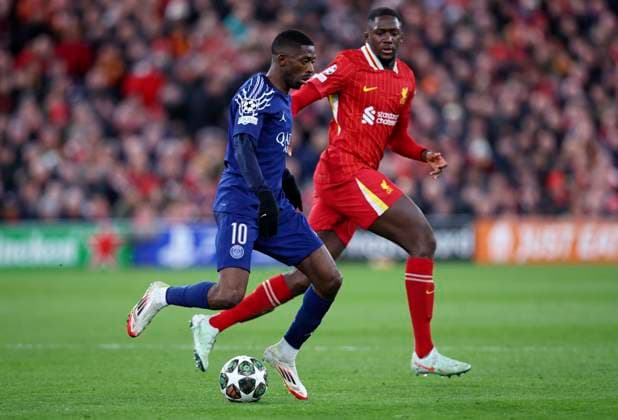 Liverpool FC v Paris Saint-Germain - UEFA Champions League 2024 25 Round of 16 Second Leg Ousmane Demble of Paris Saint-Germain and Ibrahima Konate of Liverpool challenge during the UEFA Champions League 2024 25 UEFA Champions League 2024 25 Round of 16 Second Leg match between Liverpool FC and Paris Saint-Germain at Anfield on March 11, 2025 in Liverpool, England. Liverpool Anfield England United Kingdom Copyright: xedxSykes Sportsphoto APLx 14060884
