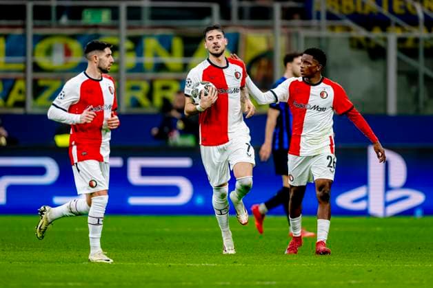Feyenoord Rotterdam midfielder Jacub Moder scores the 1-1 and celebrating the goal during the match Inter - Feyenoord at the San Siro Stadium for the UEFA Champions League - Round of 16 - 2st leg season 2024-2025 in MILAN, Italia on 11 march 2025, (photo by Marcel van Dorst EYE4images DeFodi Images)