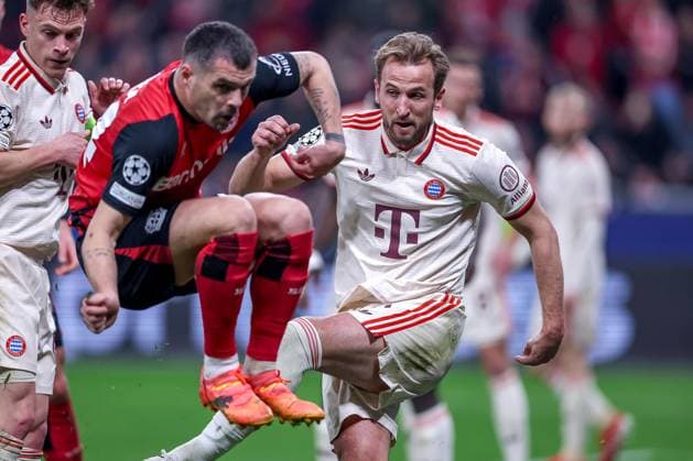 Sport Themen der Woche KW11 Sport Bilder des Tages 11.03.2025, Fußball, UEFA Champions League, Bayer 04 Leverkusen - FC Bayern München, Achtelfinale Rückspiel, BayArena, Saison 2024 2025: Harry Kane (FC Bayern 9) im Zweikampf gegen Granit Xhaka (Bayer04 Leverkusen 34) DFB regulations prohibit any use of photographs as image sequences and or quasi-video. Nordrhein-Westfalen Deutschland *** 11 03 2025, Football, UEFA Champions League, Bayer 04 Leverkusen FC Bayern Munich, Round of 16 second leg, BayArena, Season 2024 2025 Harry Kane FC Bayern 9 in duel against Granit Xhaka Bayer04 Leverkusen 34 DFB regulations prohibit any use of photographs as image sequences and or quasi video Nordrhein Westfalen Germany